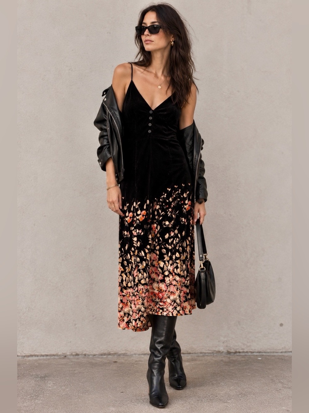 Urban Outfitters Black Velvet Slip Midi Dress with Floral Ombre Hem